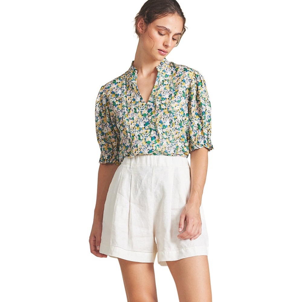 Trovata Birds of Paradis Eloise Pintuck Short Sleeve Blouse Green Floral $298